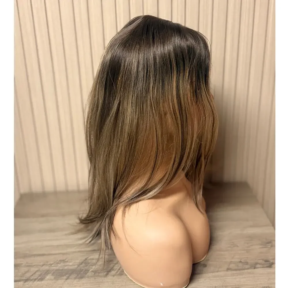 Human Hair Topper 18in Brown Blonde Highlights Clip In Hairpiece NEW